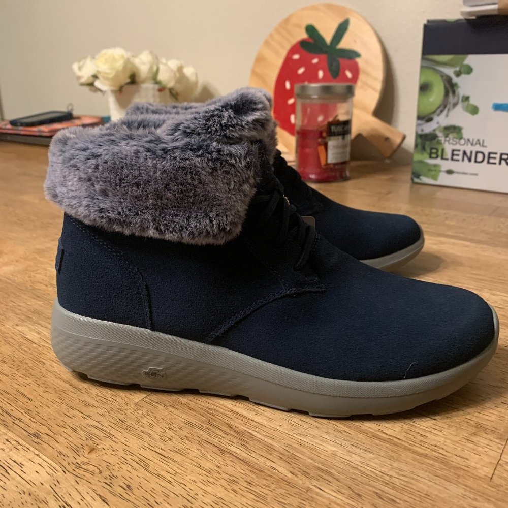 skechers Navy Blue Faux Fur Leather Boots
